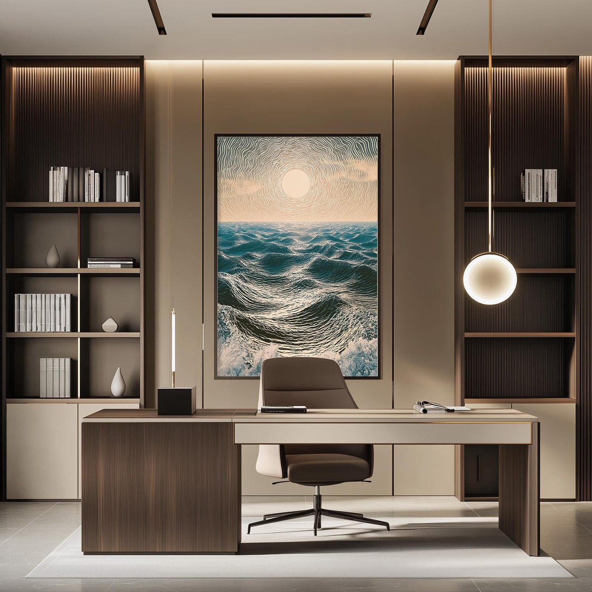 a modern and minimalist office space with a large ocean-themed painting on the wall, a wooden desk with a chair, and built-in bookshelves.