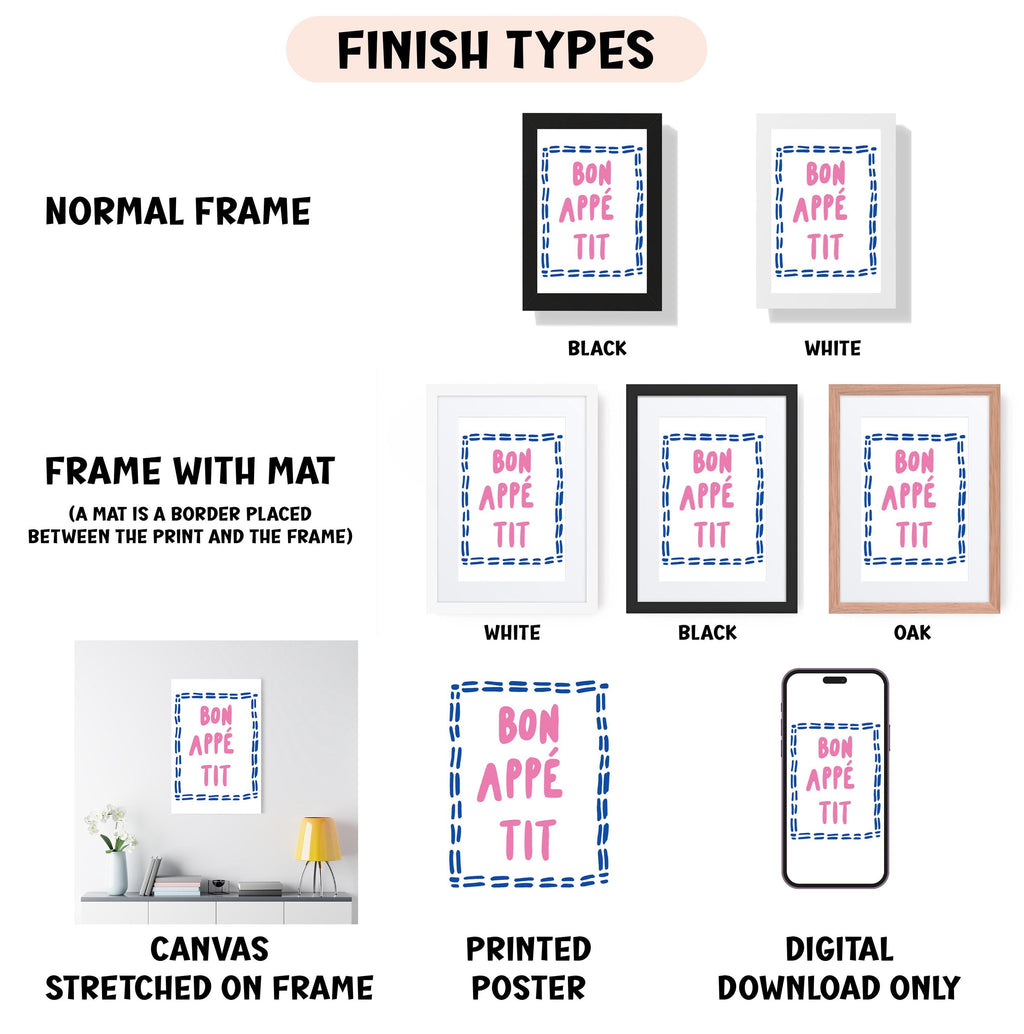 various finish types for framed artwork, including a normal frame, a frame with a mat, a white frame, a black frame, a black frame, an oak frame, a white canvas stretched on a frame, a printed poster, and a digital download only.