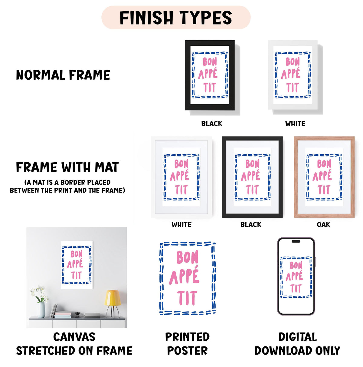 various finish types for framed artwork, including a normal frame, a frame with a mat, a white frame, a black frame, a black frame, an oak frame, a white canvas stretched on a frame, a printed poster, and a digital download only.