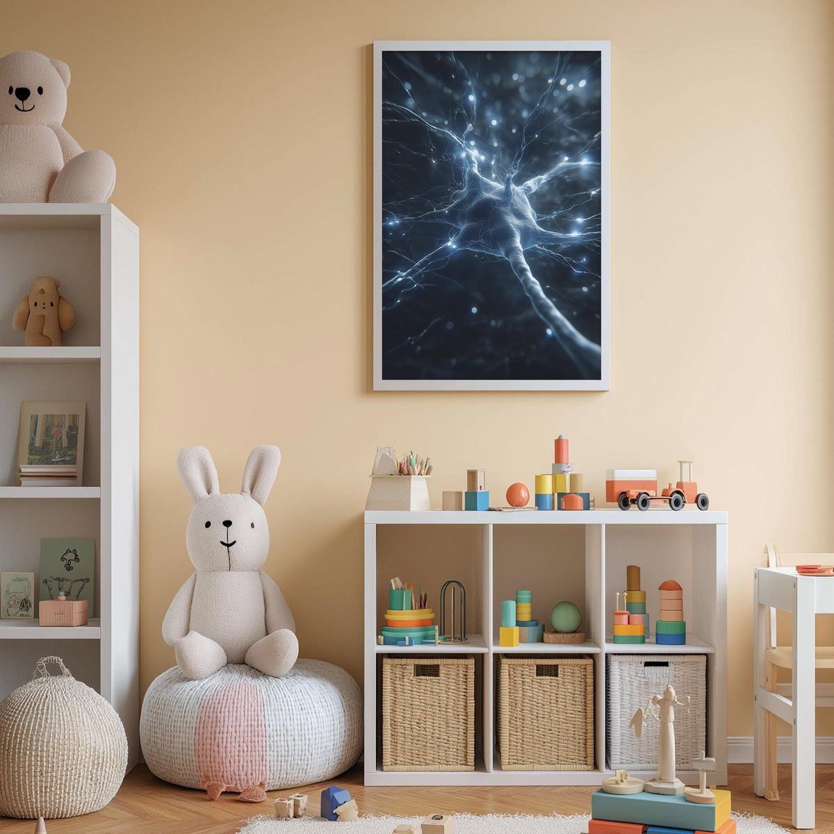 A cozy children's room with a large stuffed bunny, a bookshelf, and a toy chest filled with toys. The walls are painted a light peach color, and a framed image of a brain with blue and white lights is displayed on the wall.