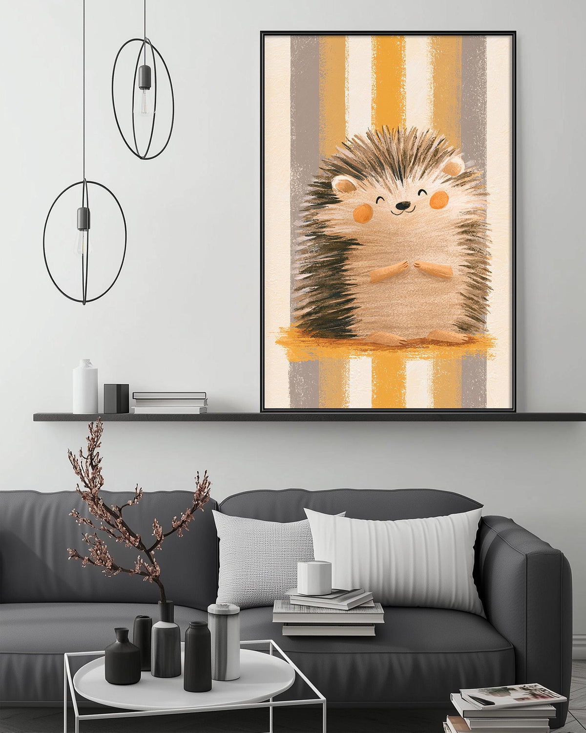 a cozy living room with a gray couch, a coffee table, and a large framed picture of a hedgehog on the wall above the couch.