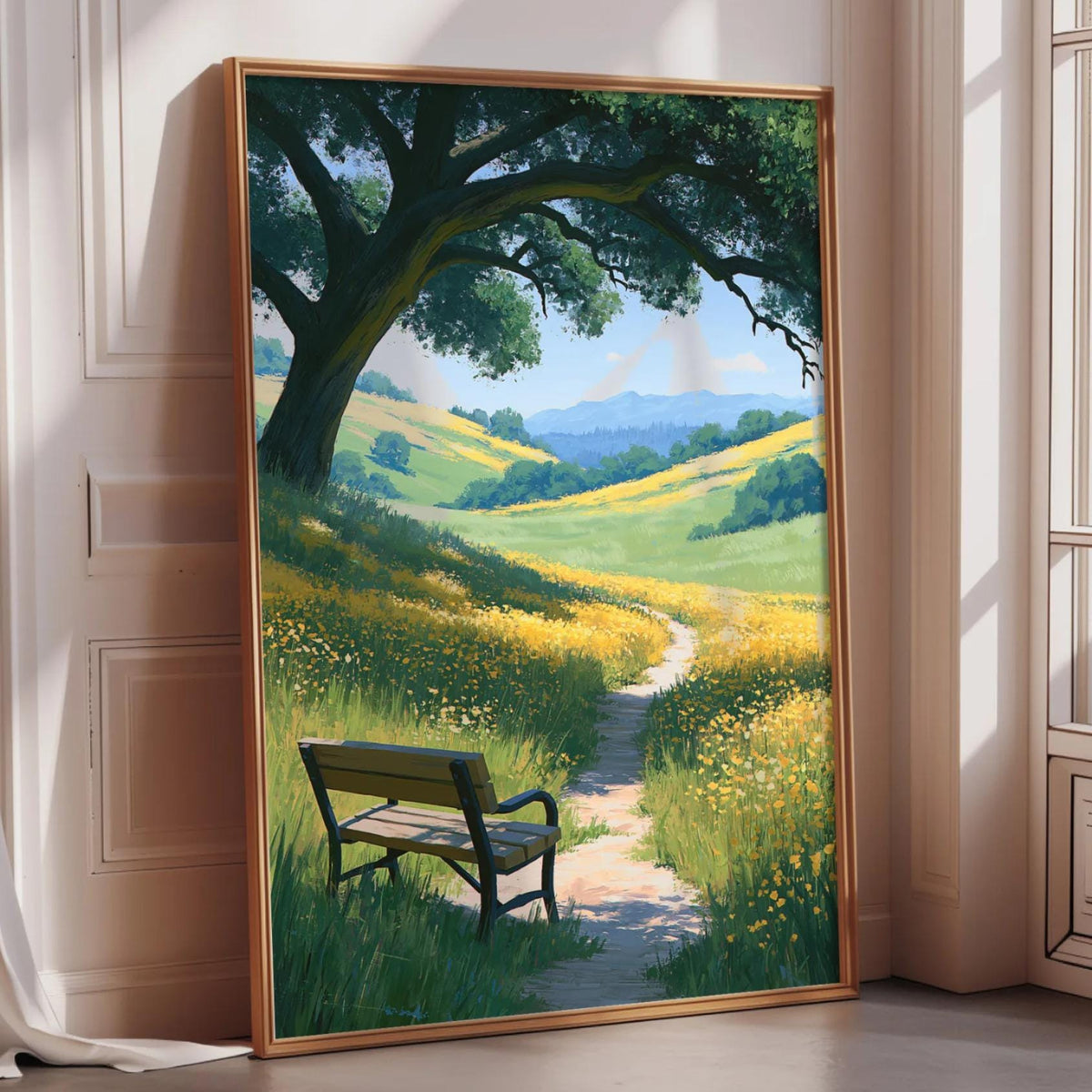 A large framed painting depicting a serene landscape with a bench in the foreground, surrounded by a lush green field and a winding path leading to a tree with a large canopy.