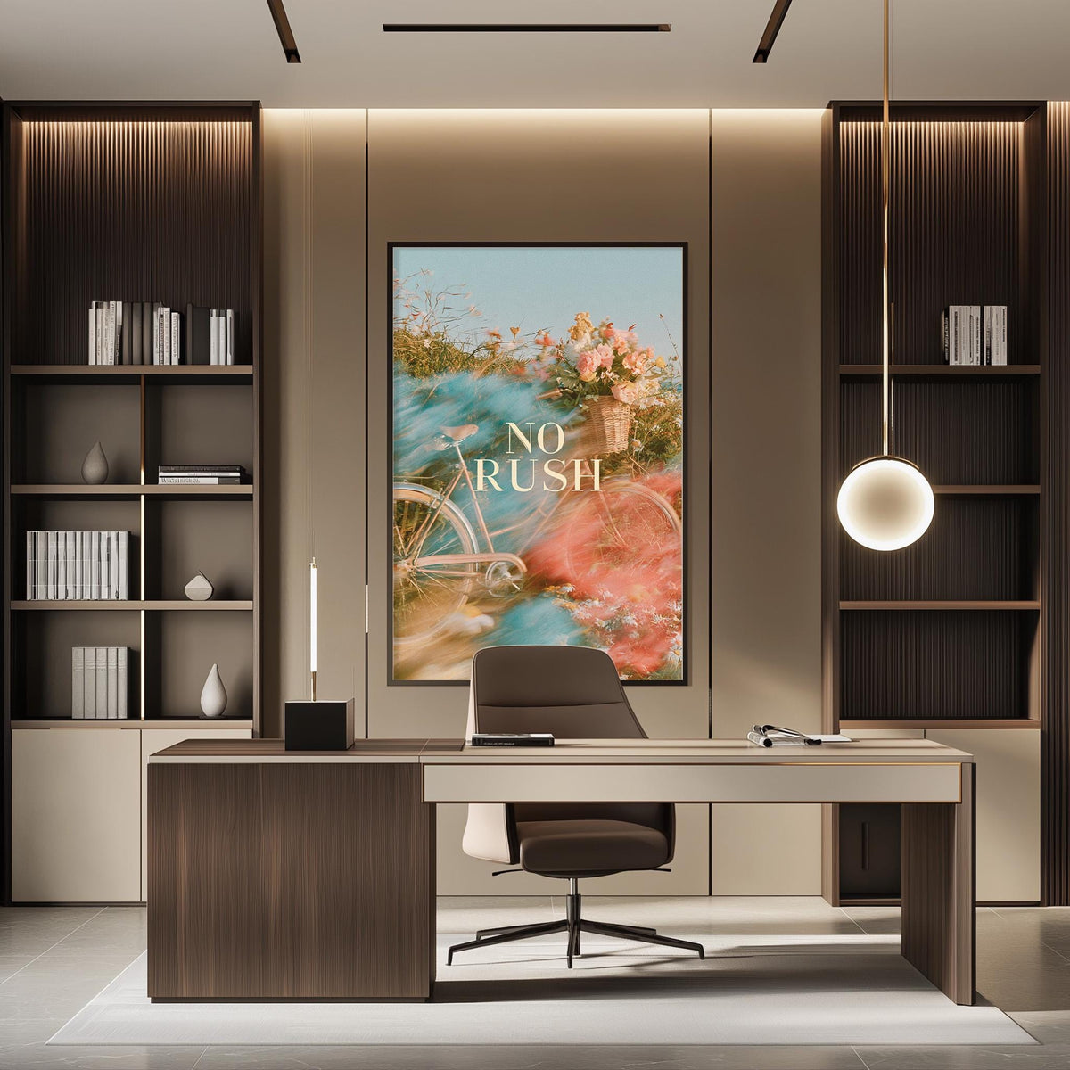 a modern office space with a large framed poster on the wall that says "NO RUSH". The office has a wooden desk, a chair, and a bookshelf. The overall design and decor create a professional and stylish atmosphere.