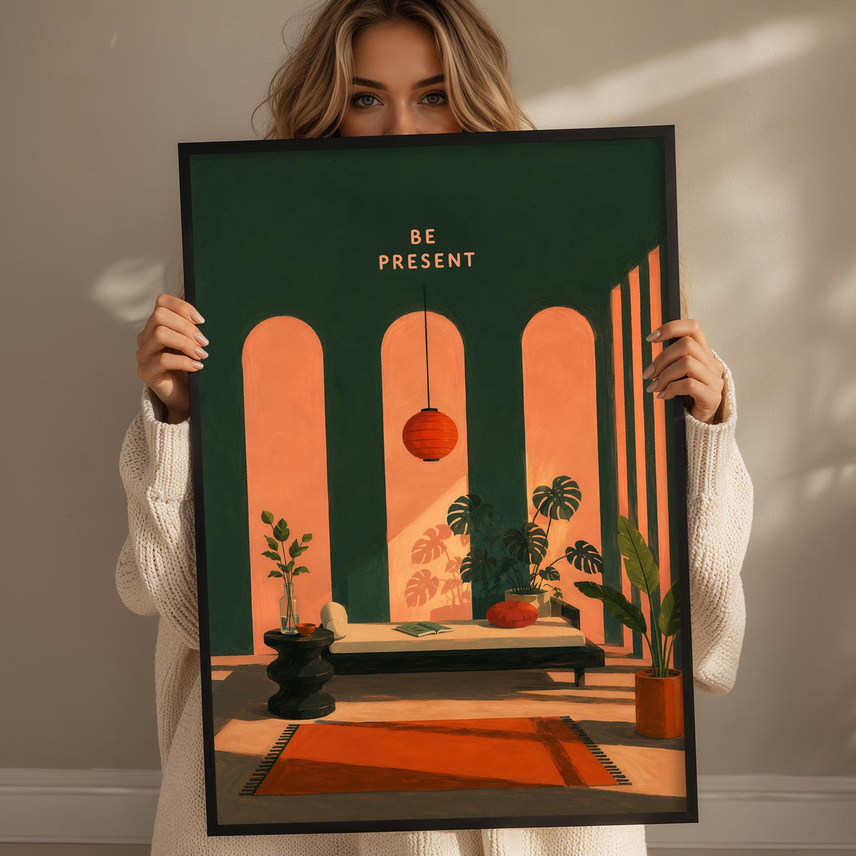 A woman holding a framed print of an interior design scene with a plant, lamp, and other decorative elements.