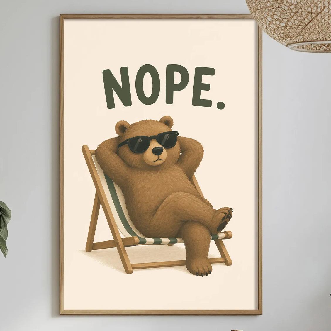 a framed illustration of a bear sitting in a chair with sunglasses on, accompanied by the text "NOPE." The scene is set in a dining area with a table, chairs, and various decorative elements such as potted plants and vases.