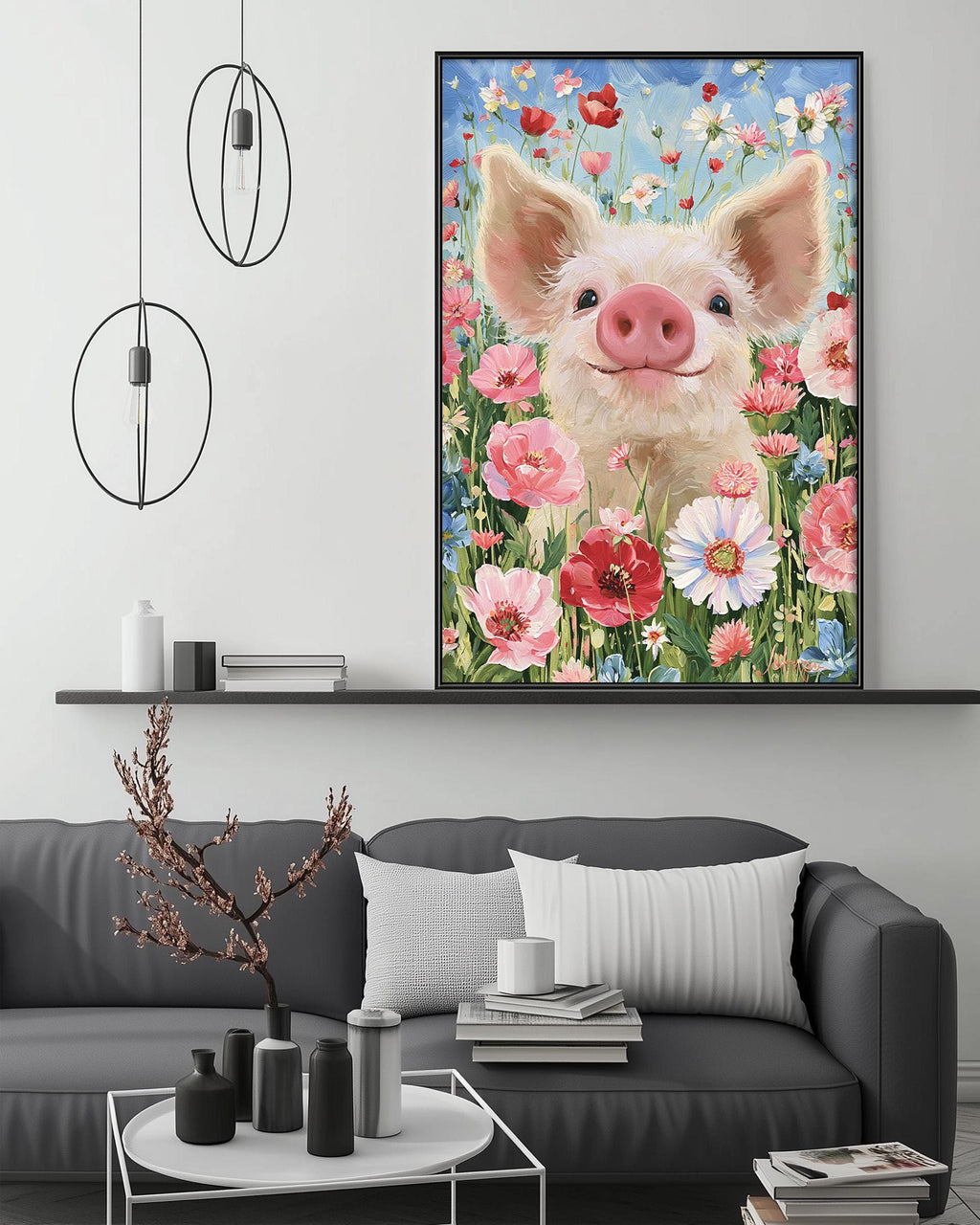 a large, colorful painting of a pig surrounded by a field of flowers, hanging on a wall above a gray couch in a living room setting.