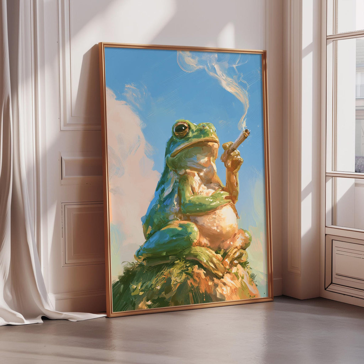A framed painting depicting a green frog sitting on a rock and smoking a cigarette.