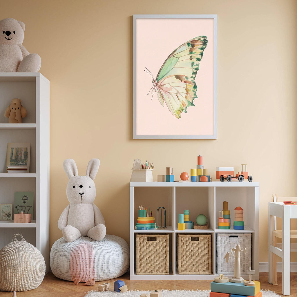 A child's bedroom with a white bookshelf, a stuffed rabbit, a framed butterfly artwork, and a toy train set.