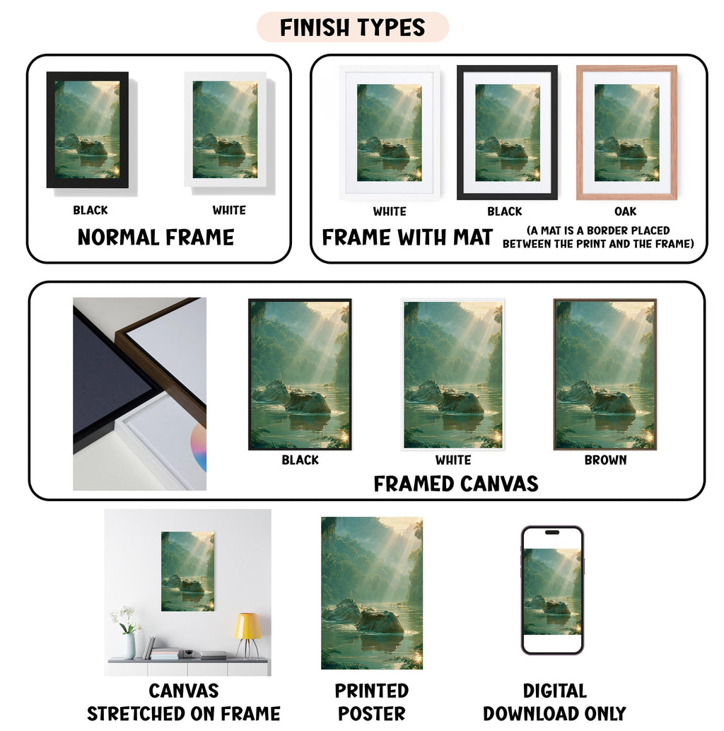 various types of artwork, including framed prints, canvas prints, and digital prints, each with different finishes and mat colors.