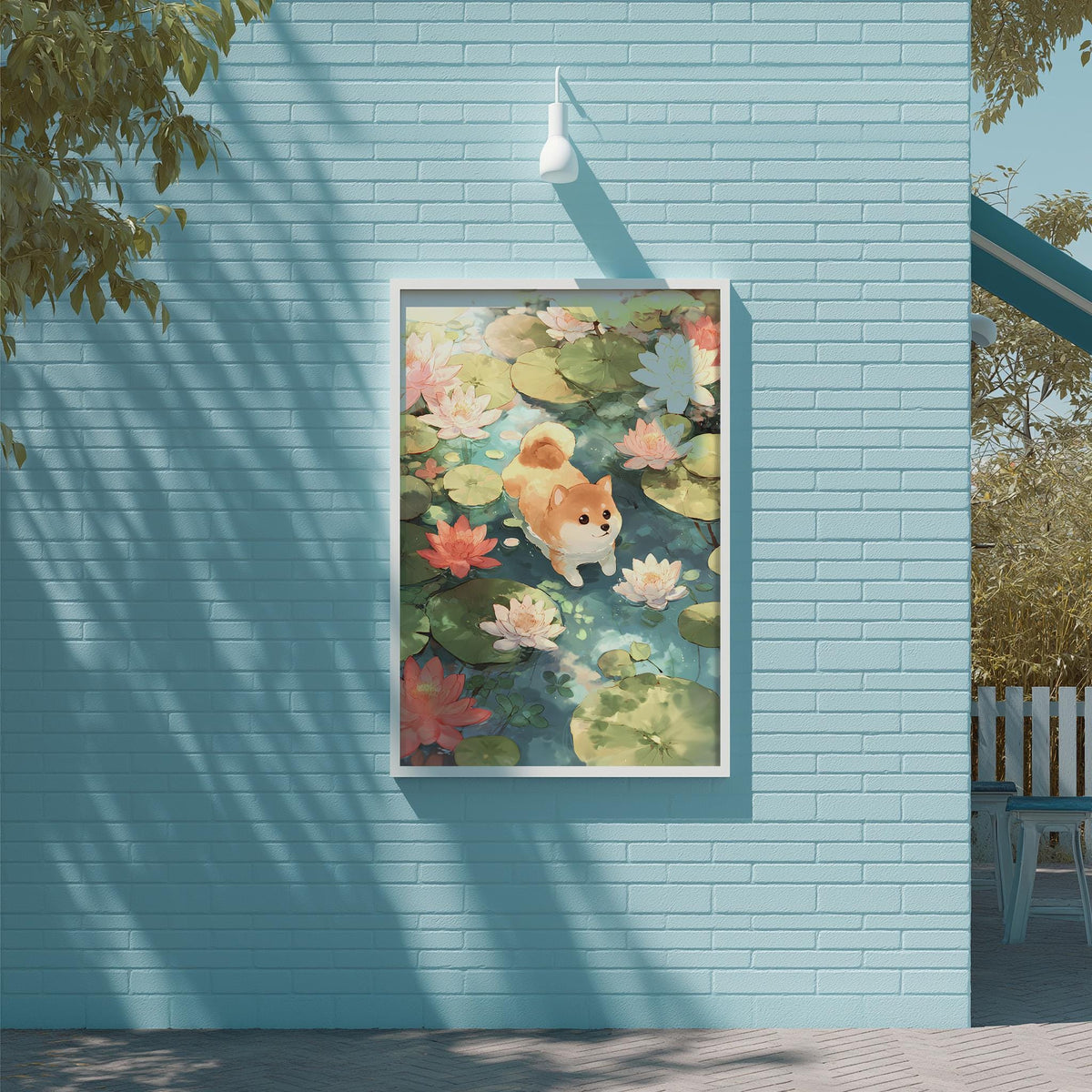 a vibrant painting of a cat swimming in a pond filled with lily pads and pink flowers, hanging on a blue wall.