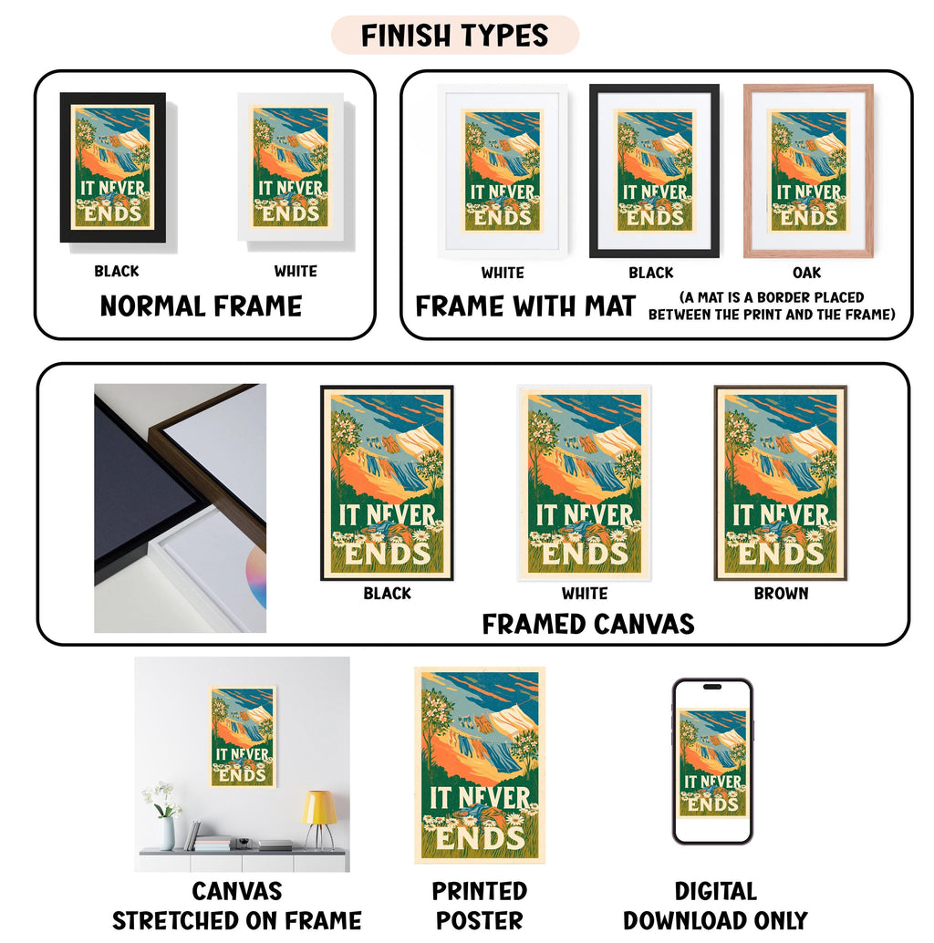 various images of a poster or artwork, each with different finishes and frame types. The text labels the different finishes and frame types, such as "NORMAL FRAME", "FRAME WITH MAT", "OAK", "WHITE", "BLACK", "FRAMED CANVAS", and "DIGITAL DOWNLOAD ONLY". The images depict the artwork in different frames, such as a stretched canvas, a framed canvas, and a poster. The text provides a clear description of the finishes and frame types for each image.