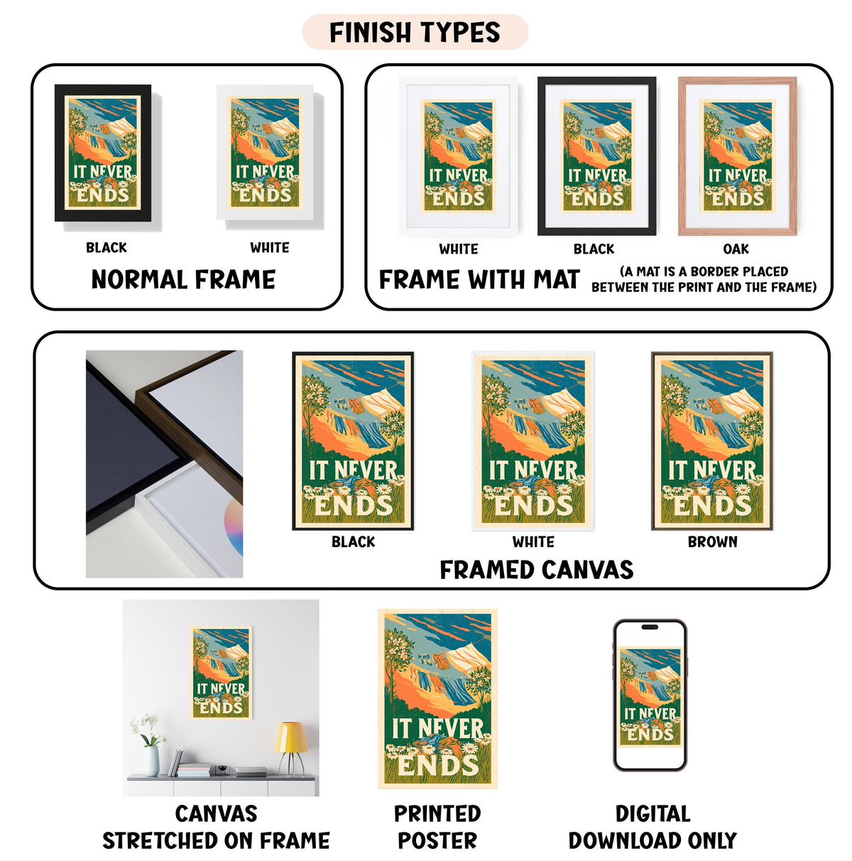various images of a poster or artwork, each with different finishes and frame types. The text labels the different finishes and frame types, such as "NORMAL FRAME", "FRAME WITH MAT", "OAK", "WHITE", "BLACK", "FRAMED CANVAS", and "DIGITAL DOWNLOAD ONLY". The images depict the artwork in different frames, such as a stretched canvas, a framed canvas, and a poster. The text provides a clear description of the finishes and frame types for each image.