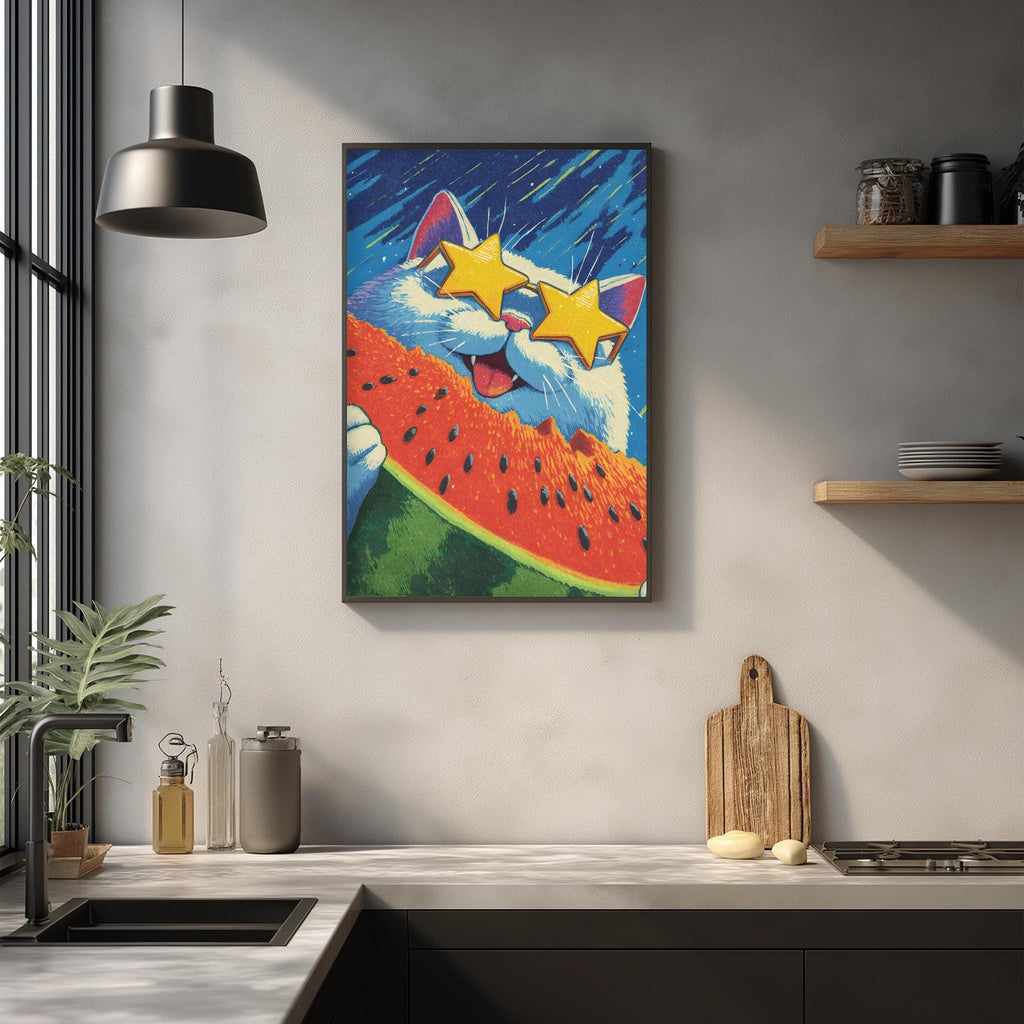 a kitchen counter with a framed painting of a cat wearing sunglasses and a watermelon slice on it, along with various kitchen items such as a cutting board, a bottle, and a bowl.