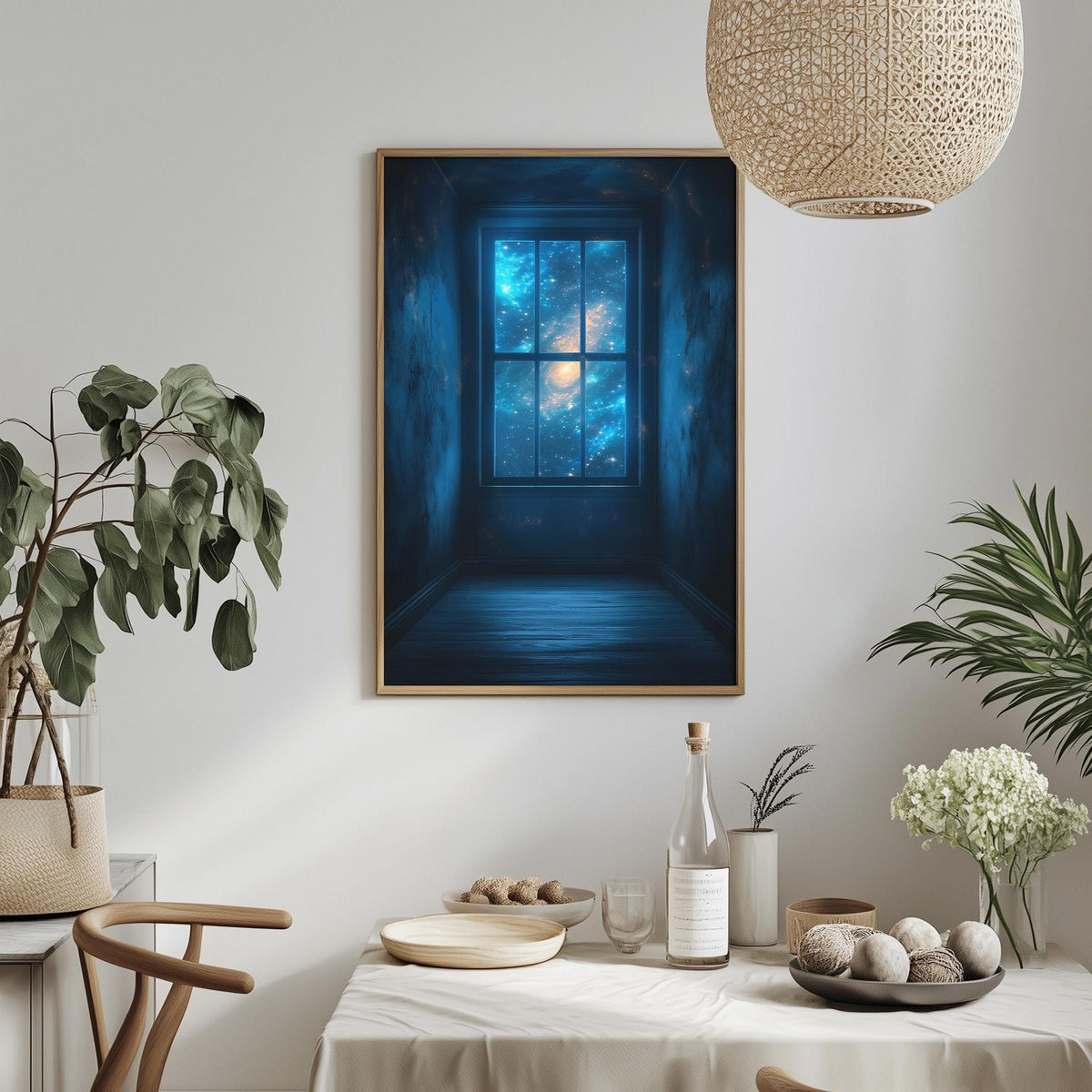 a dining table with a white tablecloth, a bowl of fruit, a bottle, and a vase with flowers. Above the table, there is a framed picture of a window with a starry night sky visible through it.