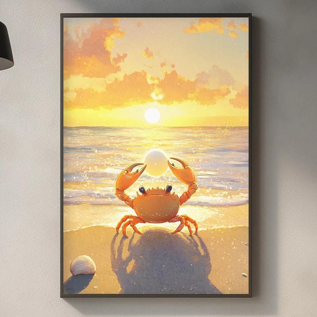 a framed painting of a crab on a beach at sunset, hanging on a wall above a kitchen counter with various kitchen items and decor.