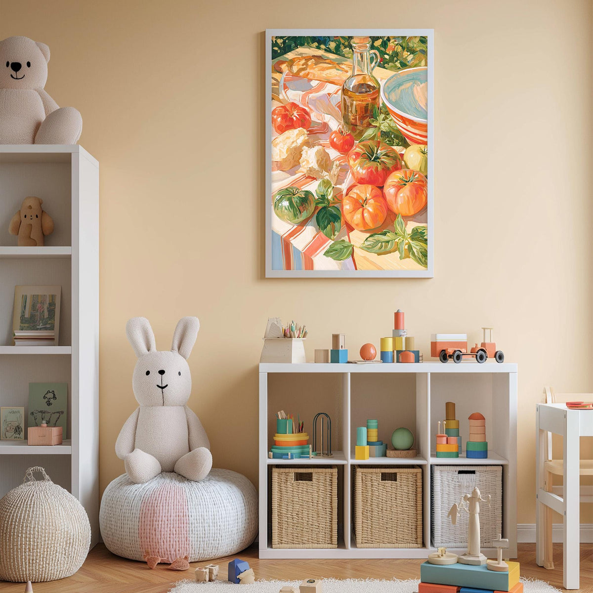 A cozy children's room with a white rabbit sitting on a bean bag chair, surrounded by shelves filled with toys and books, and a framed painting of a table with food on it hanging on the wall.