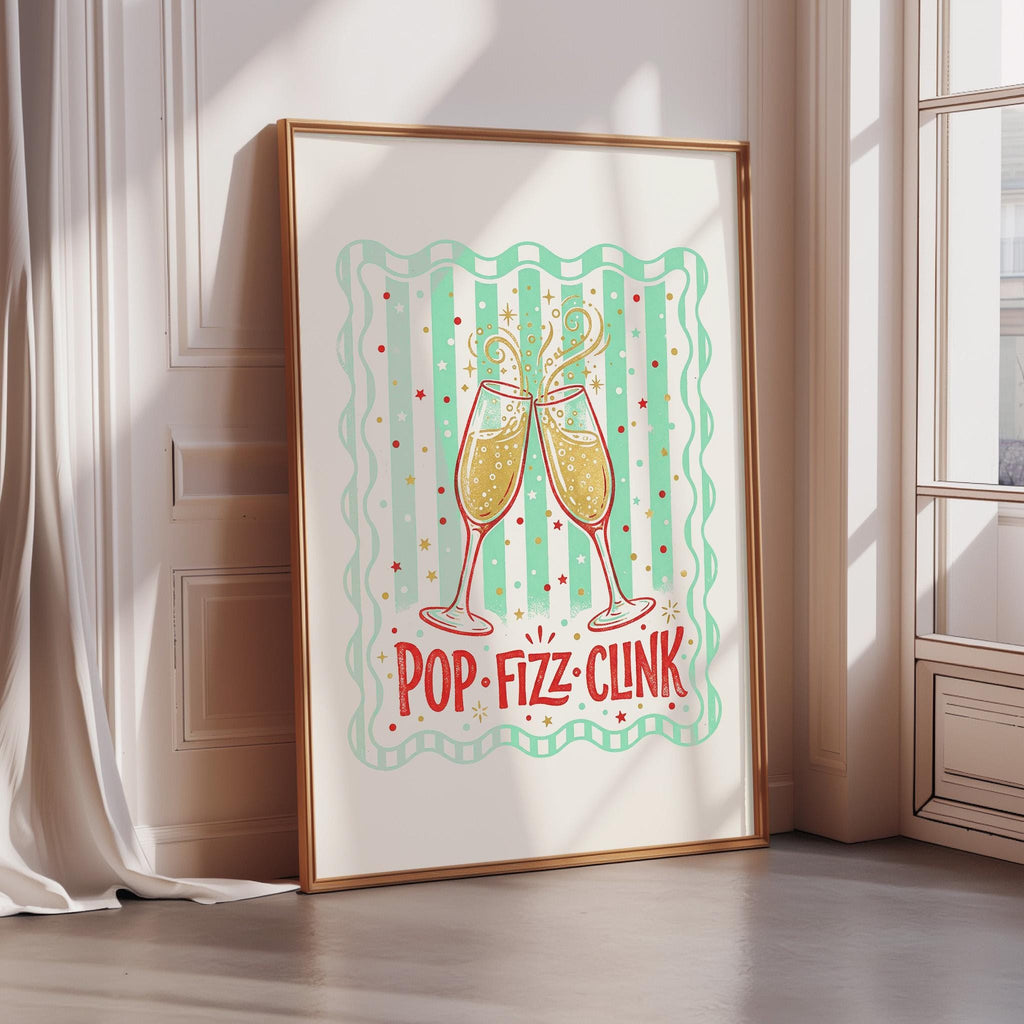 A framed poster with a graphic design of two champagne glasses clinking together, surrounded by a wavy pattern and the text "POP-Fizz-CLINK".