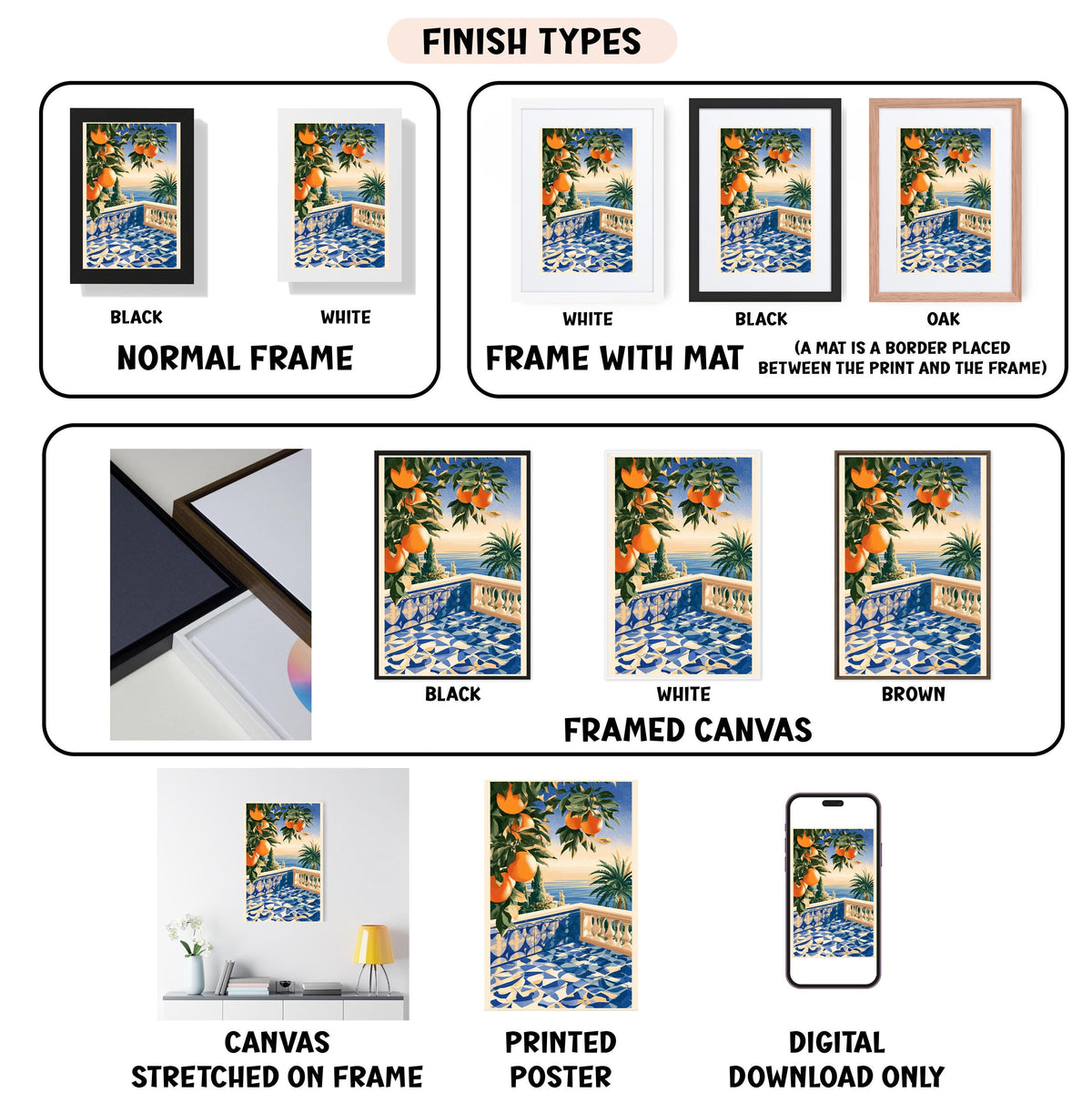 various types of framed artwork, including paintings and printed posters, with different finishes and mat colors. It also includes a digital download option for the artwork.