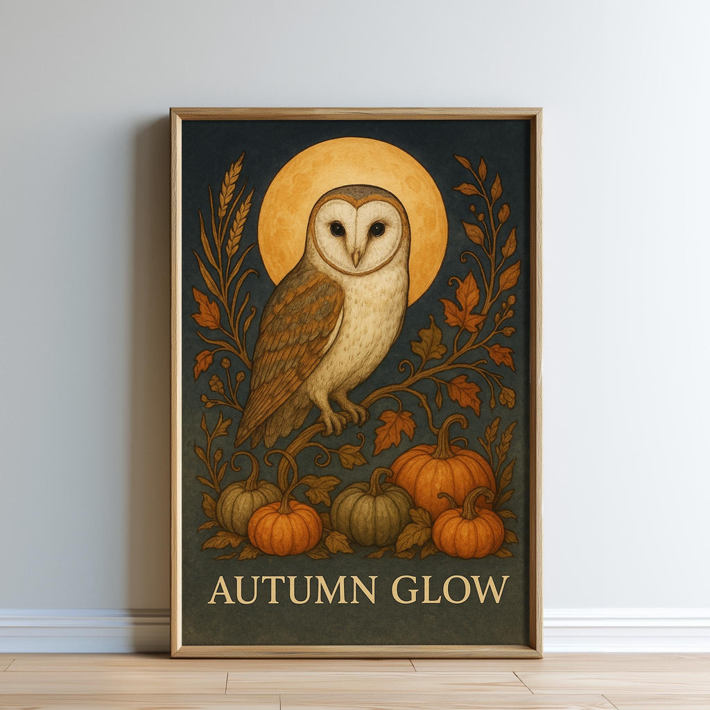 The image is a framed illustration of an owl perched on a branch, surrounded by autumn-themed elements such as pumpkins and leaves.