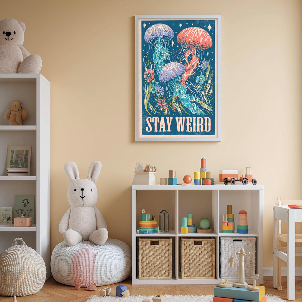 A child's bedroom with a stuffed rabbit, a bookshelf, and a framed poster with the text "STAY WEIRD" on the wall.