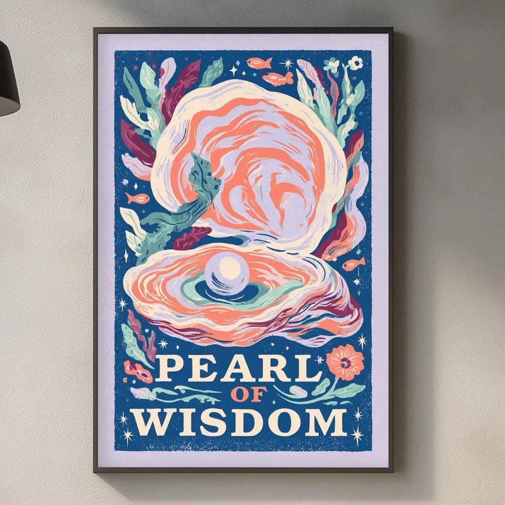 a framed poster of an oyster shell with the text "PEARL OF WISDOM" on it, hanging on a wall above a kitchen counter with various kitchen items and decor.