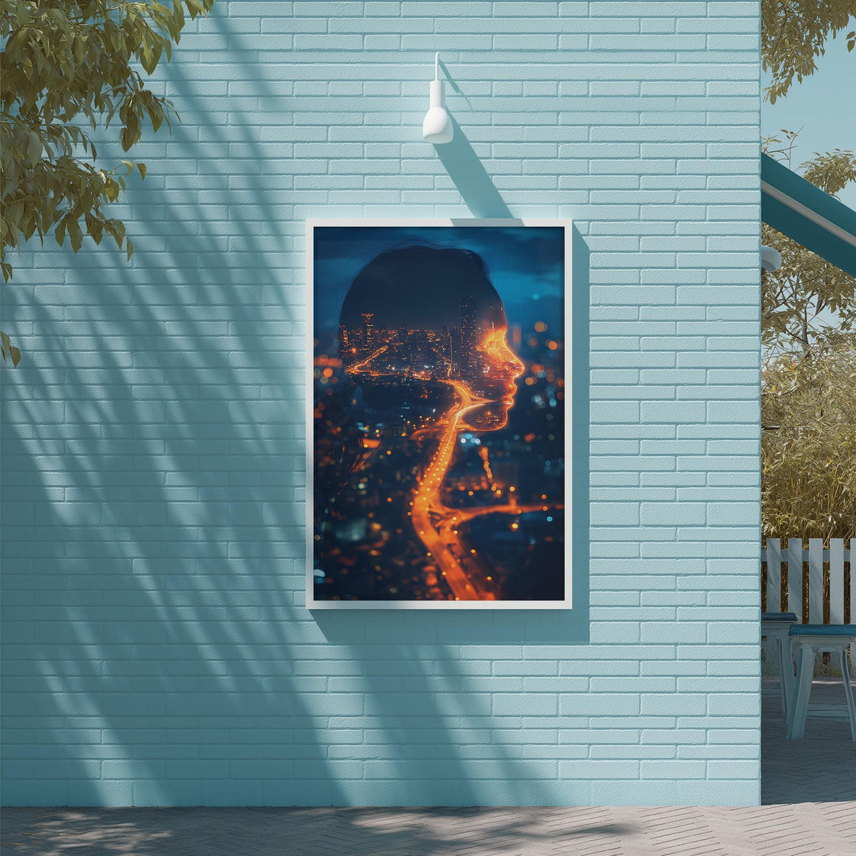 a large framed artwork depicting a woman's face with a glowing, fiery expression, hanging on a light blue brick wall.