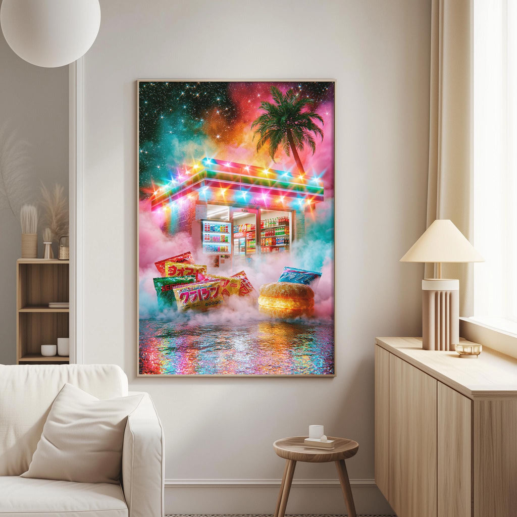 The image is a vibrant and colorful painting depicting a whimsical scene with a building, palm tree, and various objects floating in a surreal, dreamlike landscape.