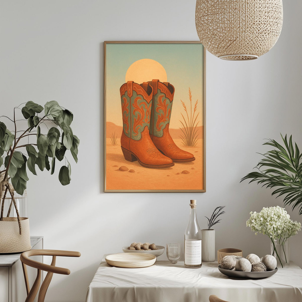 a framed painting of a pair of cowboy boots on a desert landscape, hanging on a wall above a dining table with various decorative items and plants.