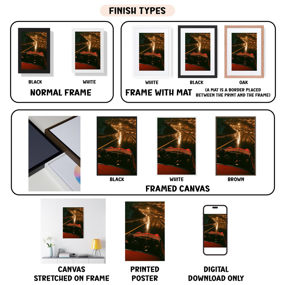 various types of artwork, including framed prints, canvas prints, and digital prints, each with different finishes and mat colors.