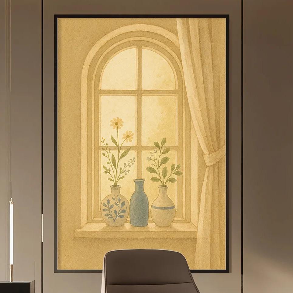 a modern and well-lit office space with a large window, wooden furniture, and a painting on the wall.