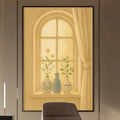 a modern and well-lit office space with a large window, wooden furniture, and a painting on the wall.