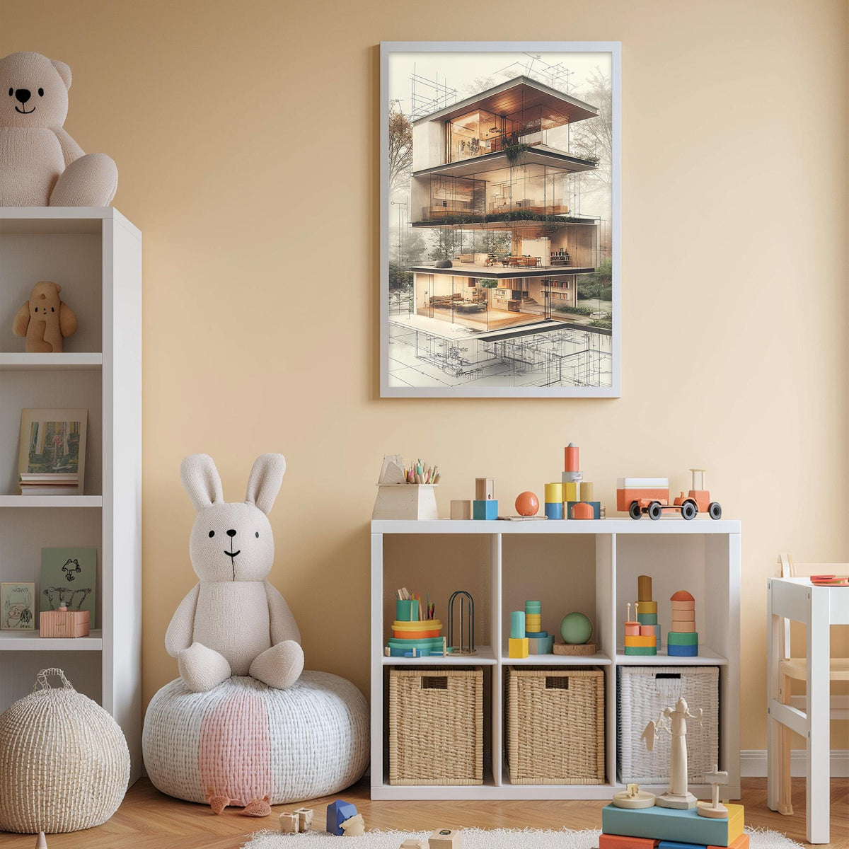 a cozy and well-organized children's bedroom, featuring a large stuffed rabbit, a bookshelf filled with toys, and a wall-mounted poster of a multi-level house.
