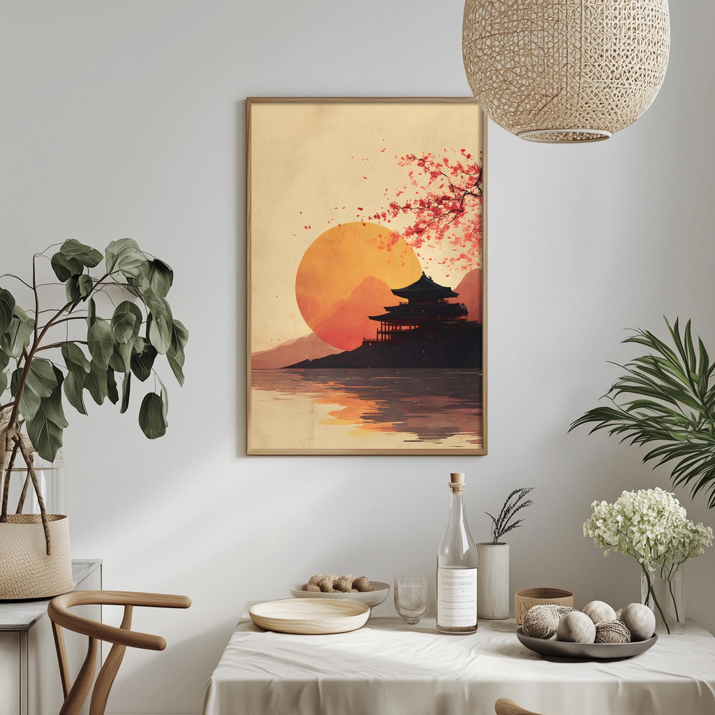 a serene dining area with a table set for a meal, a potted plant, and a framed artwork depicting a sunset over a temple.