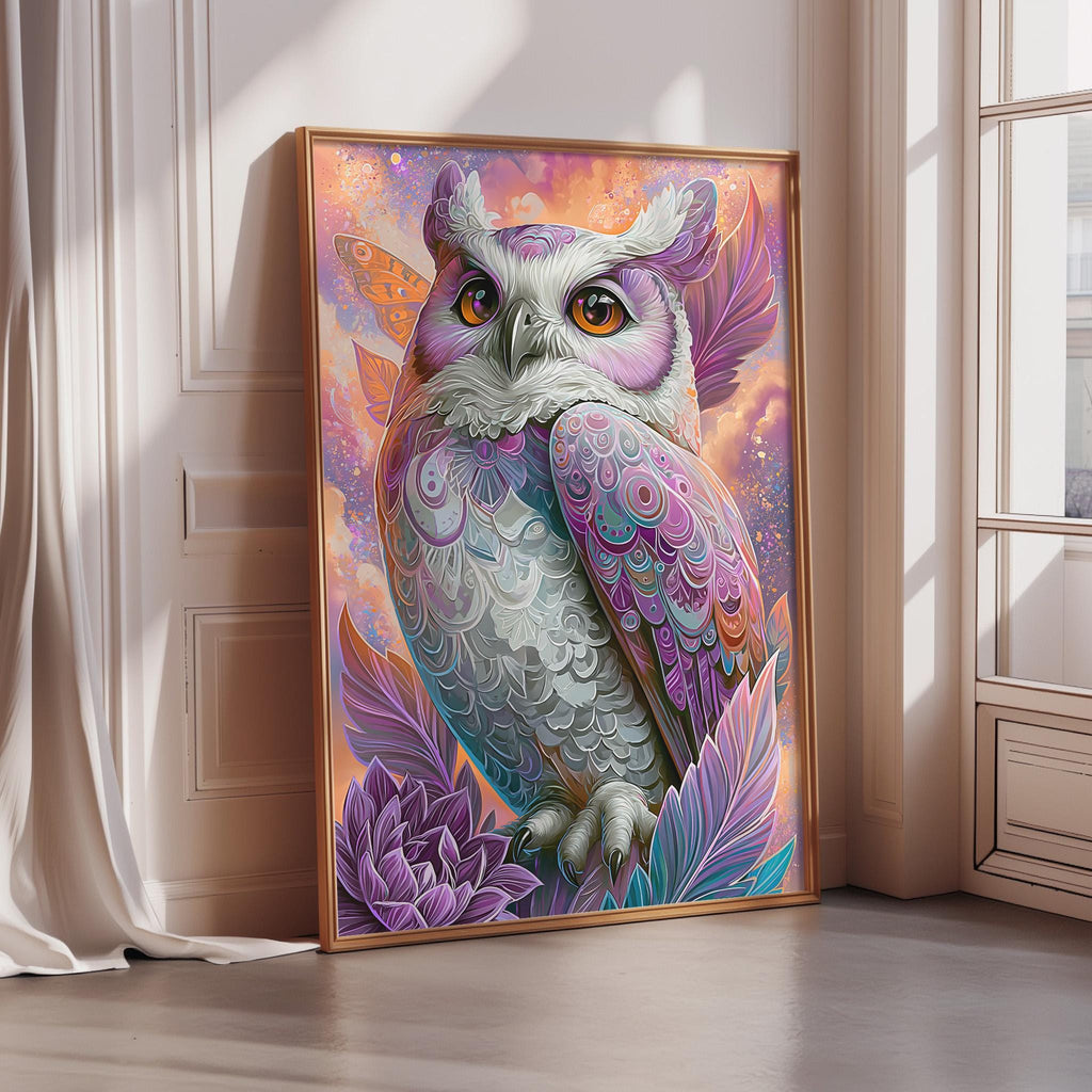 A large, colorful painting of an owl is displayed on a wall, with intricate patterns and vibrant colors.