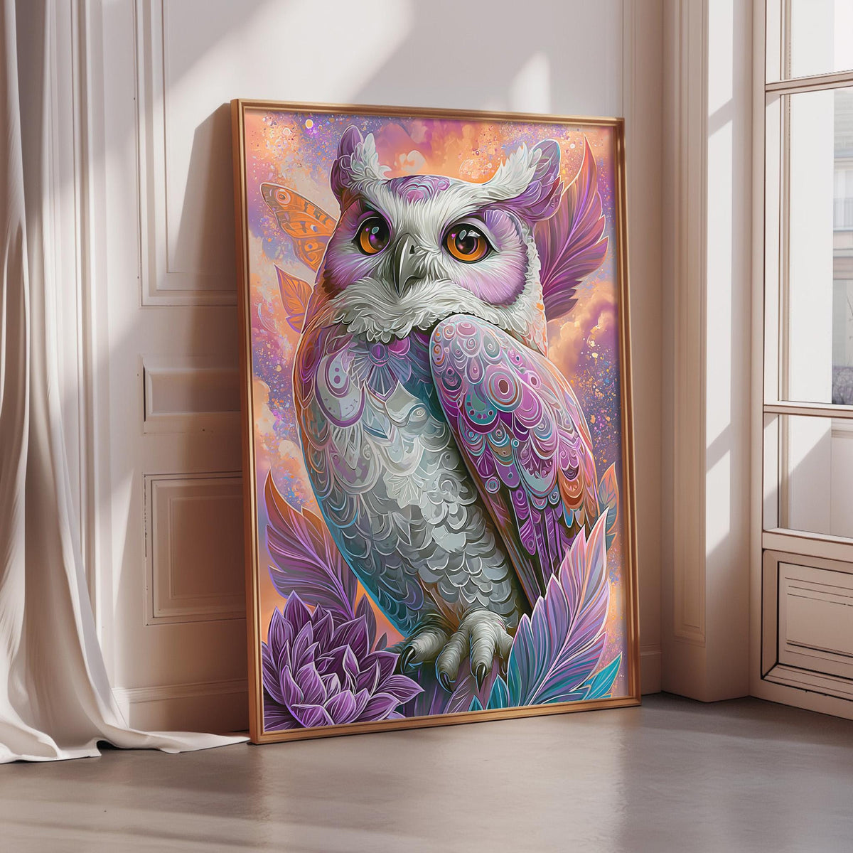 A large, colorful painting of an owl is displayed on a wall, with intricate patterns and vibrant colors.