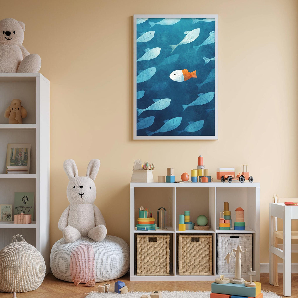 A child's bedroom with a white bookshelf, a stuffed rabbit, and a toy train set. The walls are painted a light peach color, and there is a framed picture of fish on the wall.