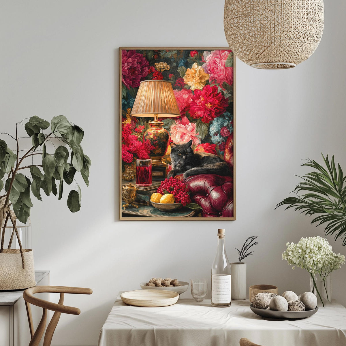 a cozy dining area with a table set for a meal, a lamp, and a cat resting on a red cushion. The table is adorned with various items, including a vase, a bowl, and a bottle. The room is decorated with potted plants and a hanging light fixture, creating a warm and inviting atmosphere.