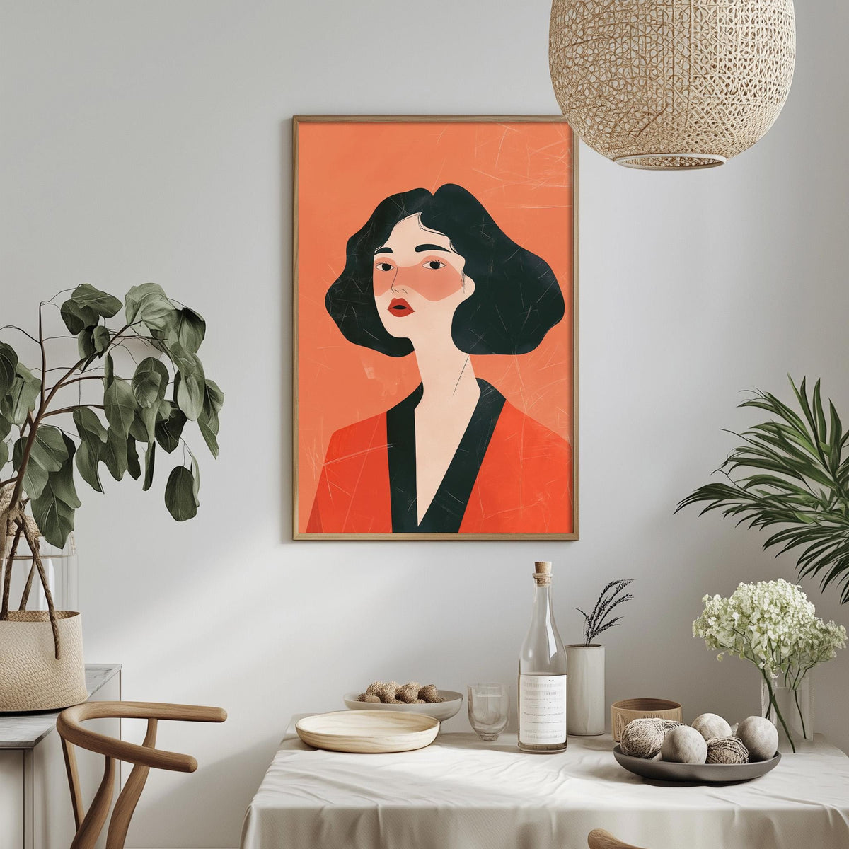 a dining table with a white tablecloth, a bowl of fruit, a bottle, and a vase with flowers. Above the table, there is a framed illustration of a woman with a red jacket and black hair.