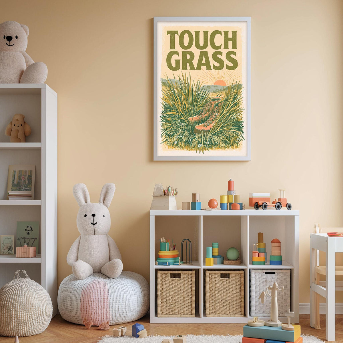 A child's bedroom with a white bookshelf, a stuffed rabbit, and a toy train set. A framed poster with the text "TOUCH GRASS" is hanging on the wall above the bookshelf.