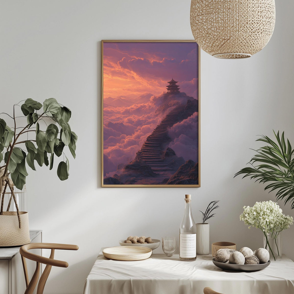 a serene indoor setting with a framed picture of a staircase leading up to a pagoda-like structure, set against a backdrop of a colorful sunset sky. The room is decorated with potted plants, a dining table, and various decorative items, creating a harmonious and tranquil atmosphere.