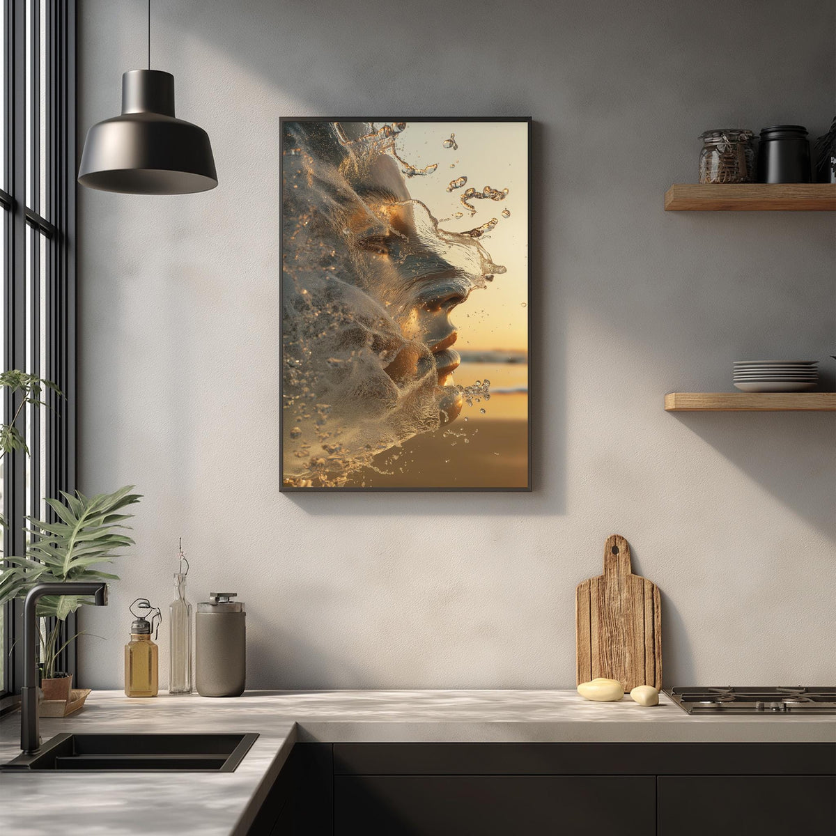 a modern kitchen with a large framed photograph of a splash of water hanging on the wall, a wooden cutting board, and various kitchen items such as a sink, a bottle, and a vase.