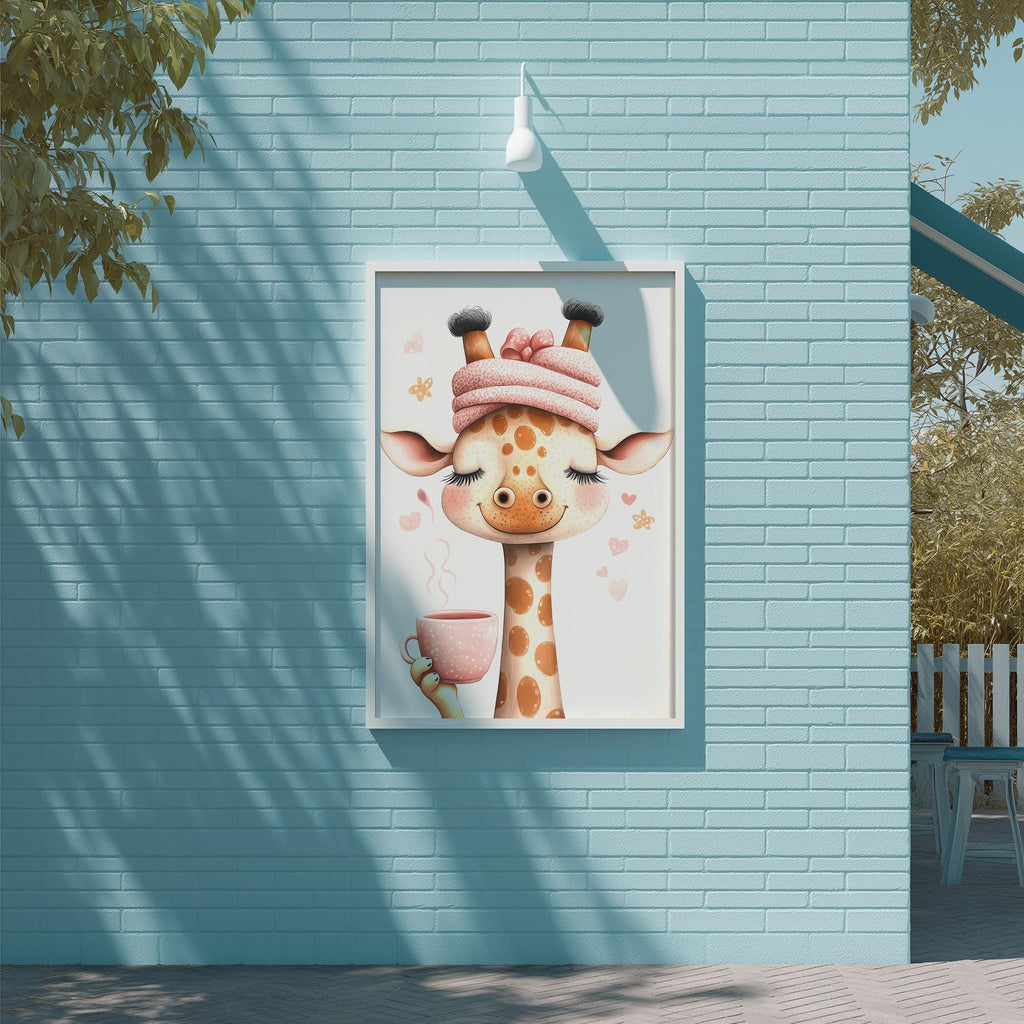 A framed illustration of a giraffe wearing a pink hat and holding a cup of coffee is displayed on a light blue brick wall.