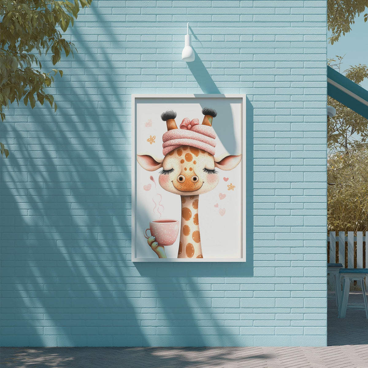 A framed illustration of a giraffe wearing a pink hat and holding a cup of coffee is displayed on a light blue brick wall.