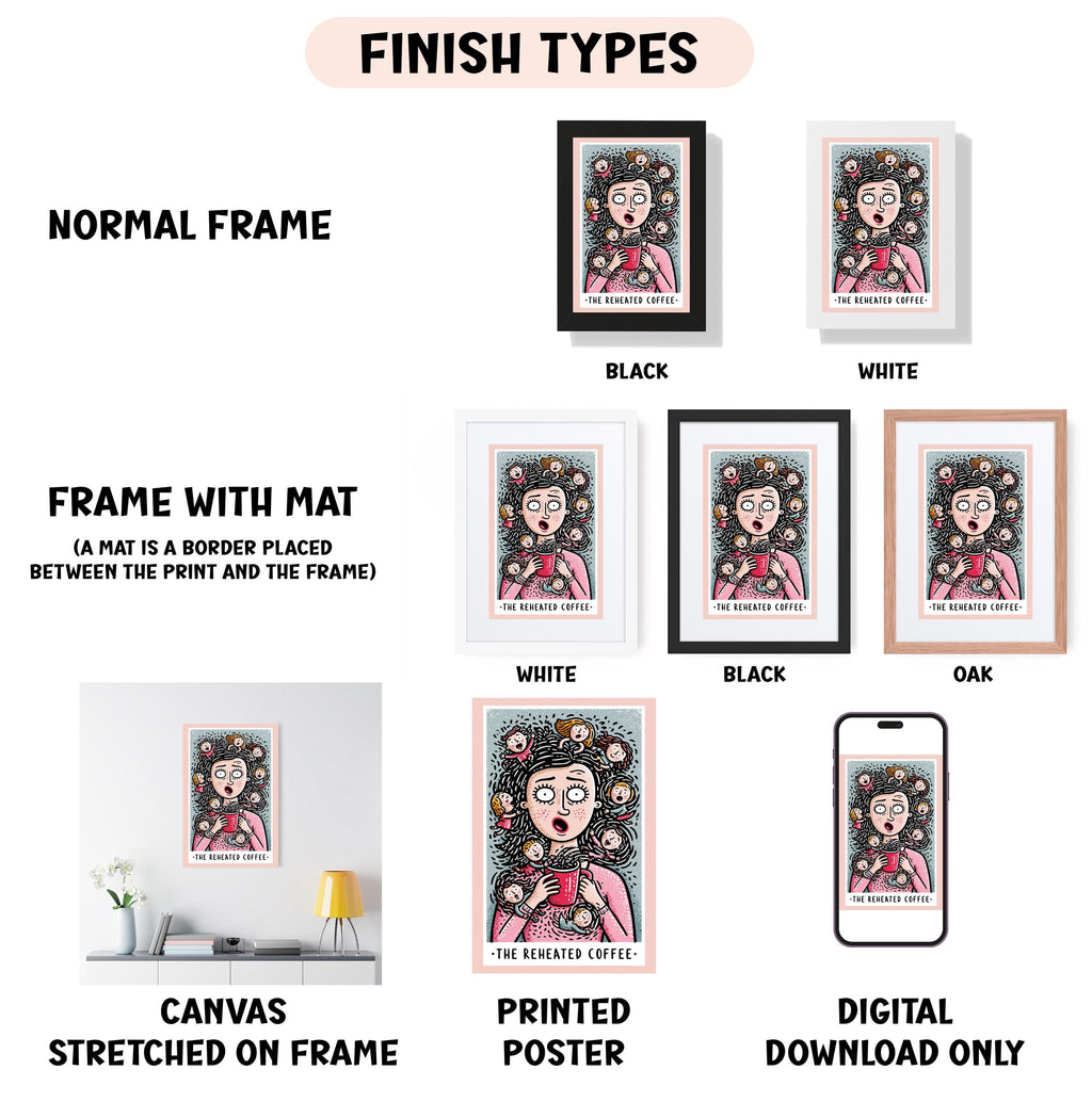 a collection of framed artworks, including a canvas stretched on a frame, a printed poster, and a digital download. The artworks are of different finishes, such as normal frame, black, white, and oak. The artworks are labeled with the finish type, such as "NORMAL FRAME" and "CANVAS STRETCHED ON FRAME".
