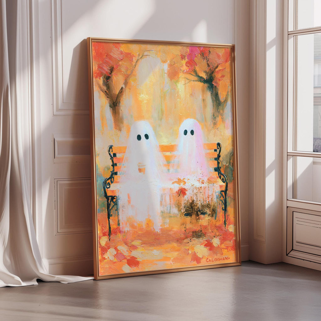 a painting of two ghostly figures sitting on a bench, surrounded by an autumnal landscape with trees and flowers.