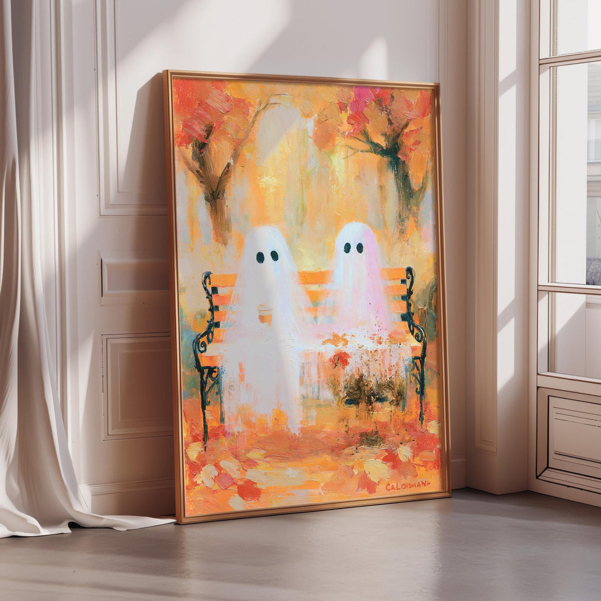 a painting of two ghostly figures sitting on a bench, surrounded by an autumnal landscape with trees and flowers.