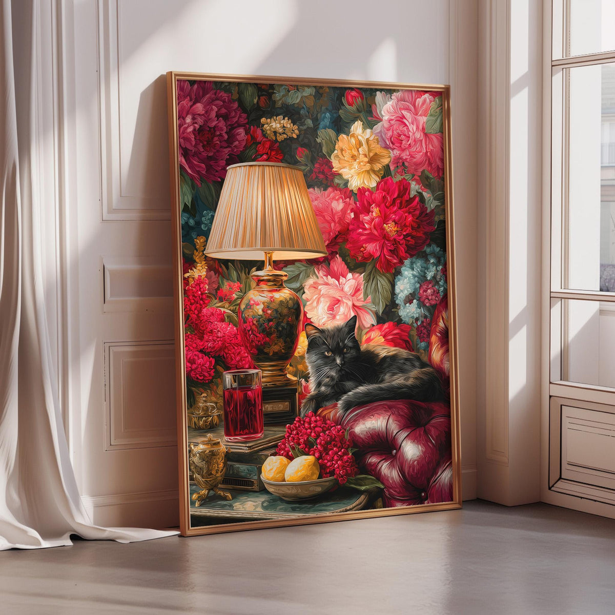A framed painting depicting a black cat resting on a red leather couch, surrounded by a vibrant floral arrangement and various decorative items.