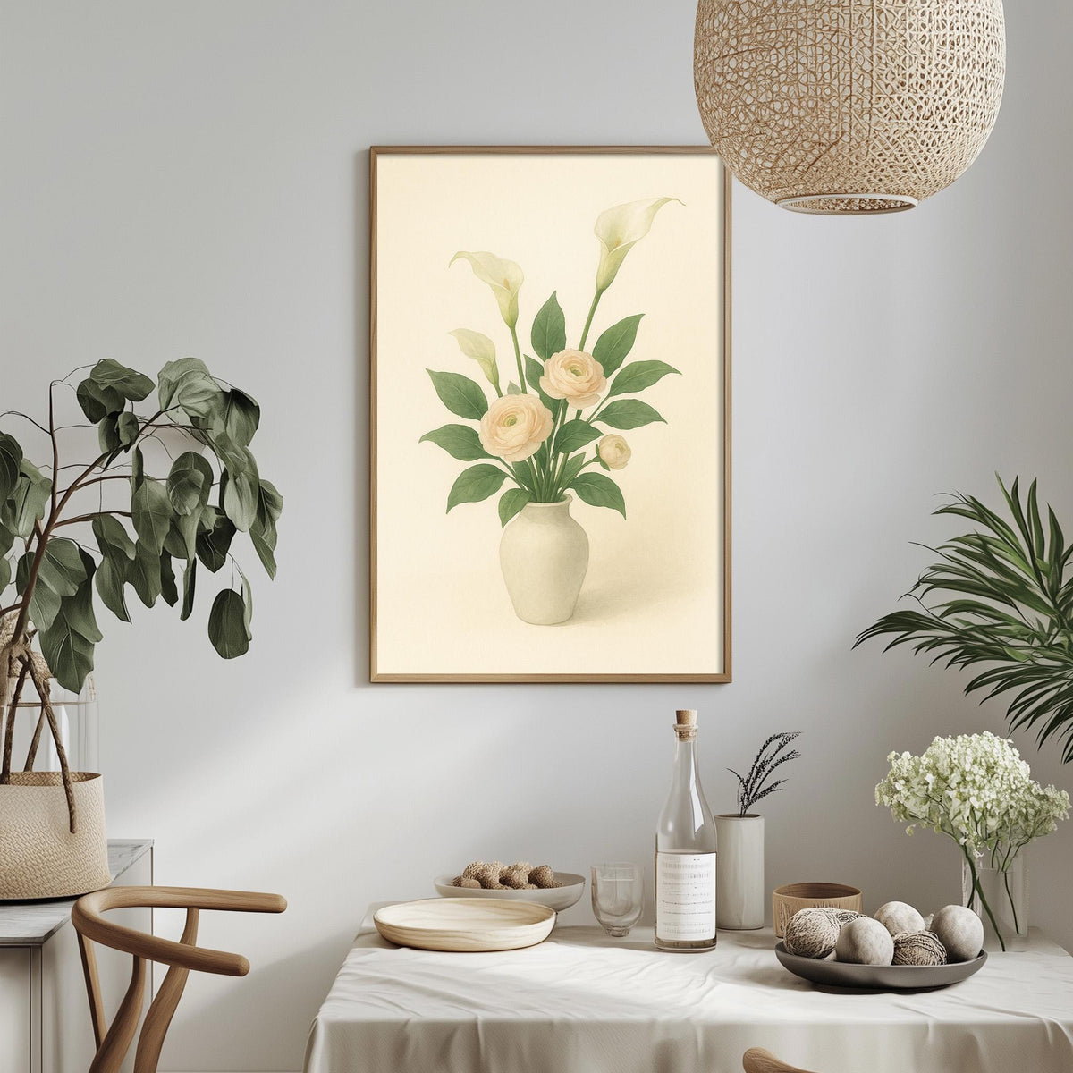 a dining table with a vase of flowers, a bottle, and a bowl of fruit, along with a potted plant and a hanging light fixture.