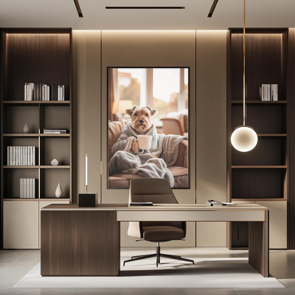 a modern office space with a large framed picture of a dog sitting on a couch, holding a cup, and looking directly at the camera. The office has a wooden desk, a chair, and a bookshelf with various books and decorative items.