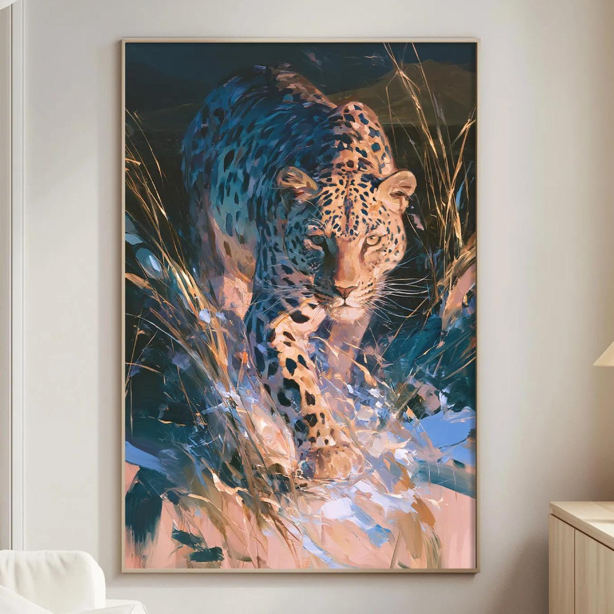 a large, vibrant painting of a leopard in a lush, natural setting, hanging on a wall in a living room.
